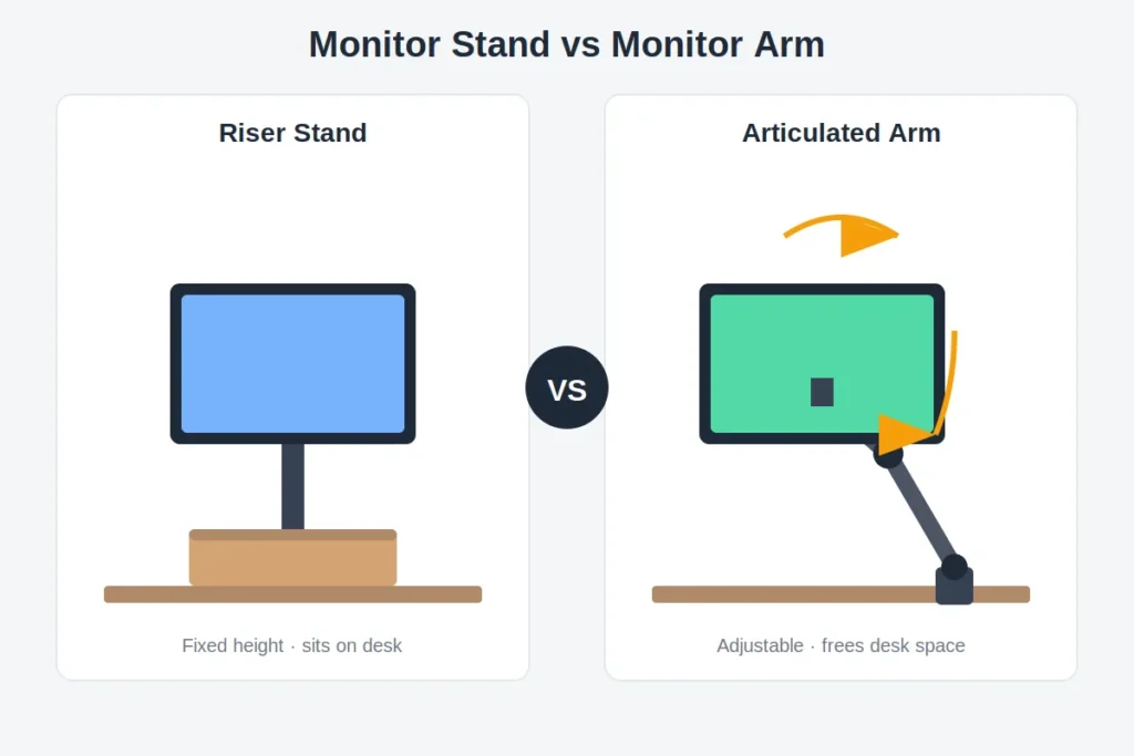 Diagram comparing a monitor on a riser stand versus a monitor on an articulated arm