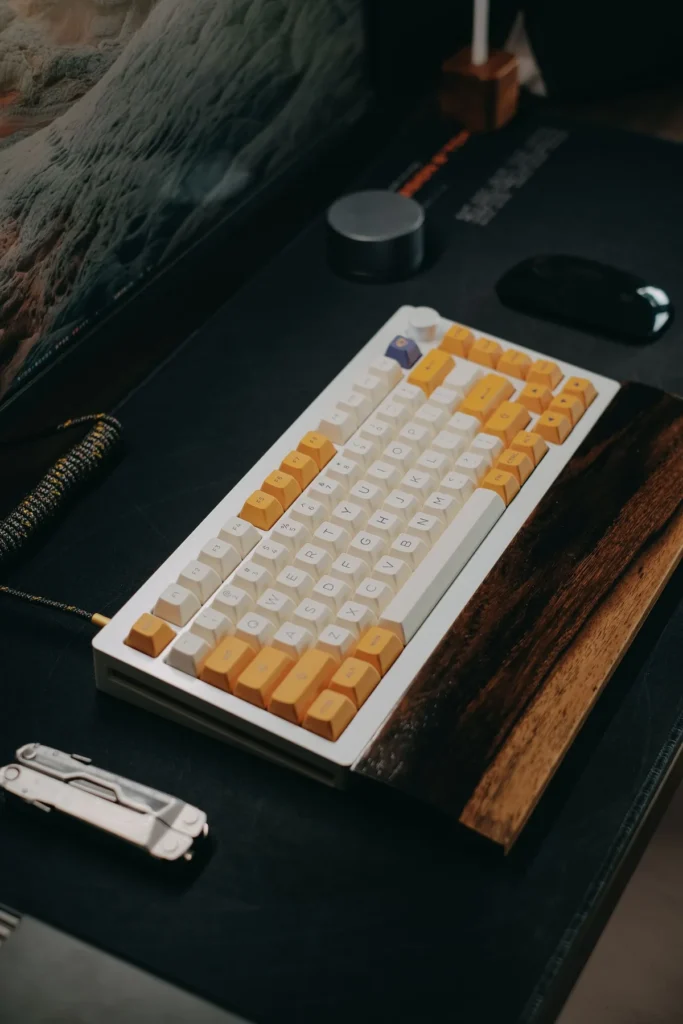 Close-up of a mechanical keyboard on a modern office desk
